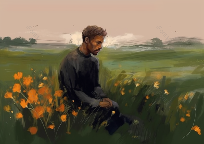黑皮肤男人坐在橙色花丛草地中在黄昏夕阳下坐着思考全景油画,插画/手绘图,插画/手绘图库,插画/手绘图下载,插画/手绘